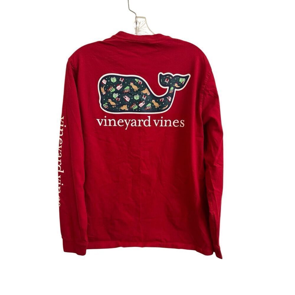 Vineyard Vines Long Sleeve Pocket Tee Red Christmas Whale Dog Mens Size Medium